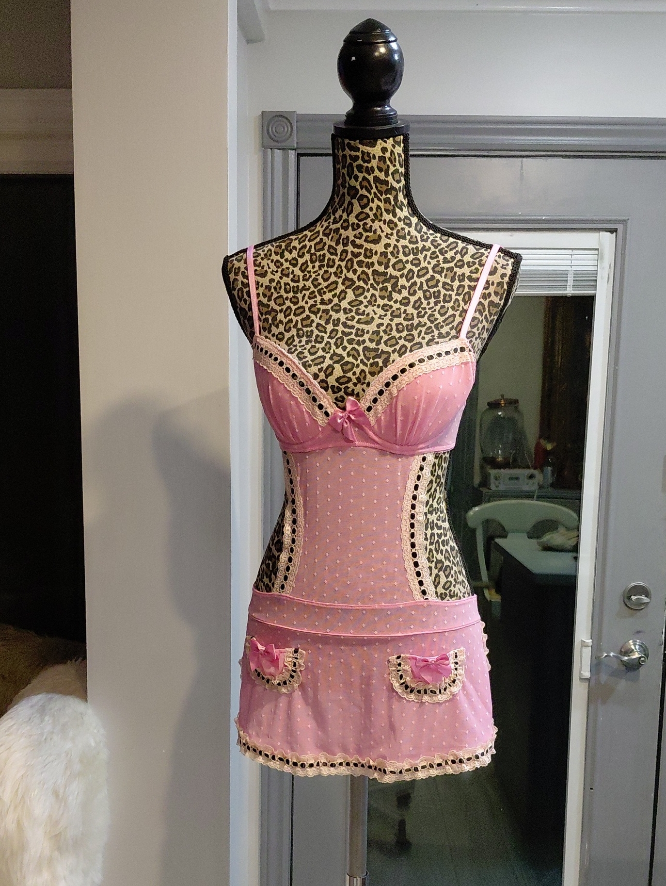 Pink Sheer Polka-Dot Babydoll Chemise With Lace Trim